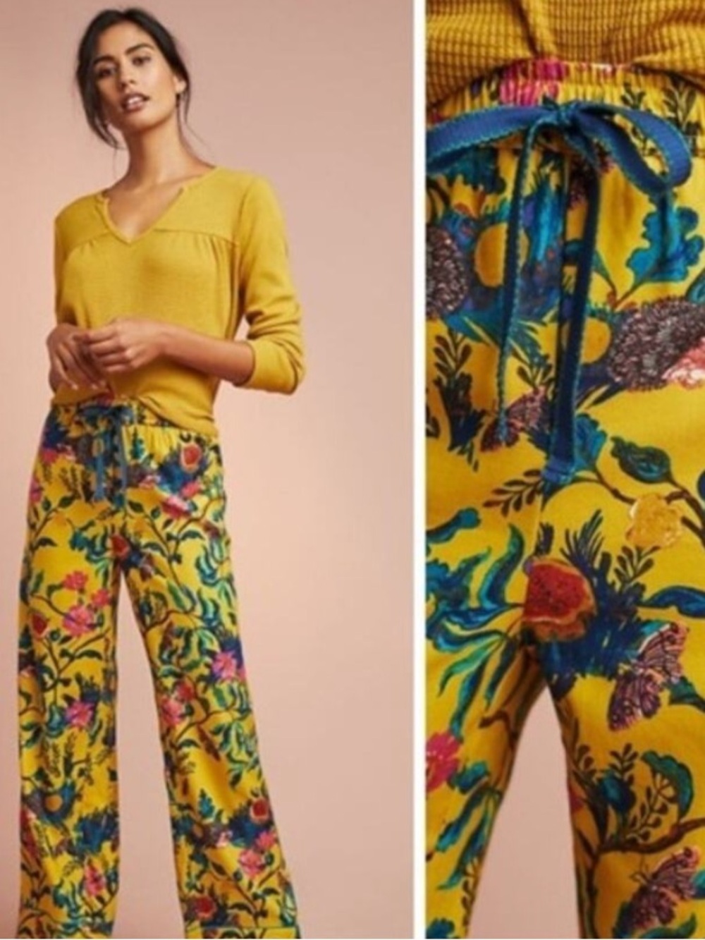 Nathalie Lete Anthro Yellow Botanical Floral Pajama Pants